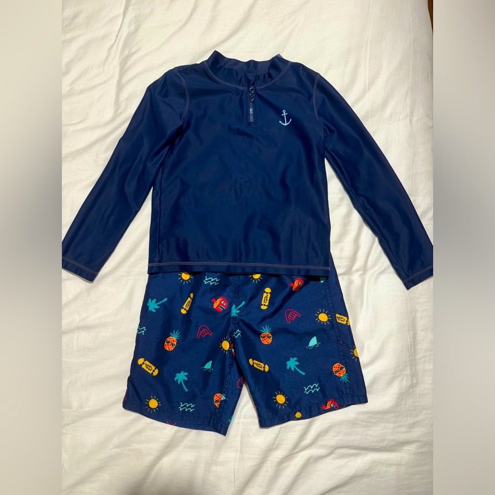 Carters Blue Rashguard and Okie Dokie Trunks size 5T